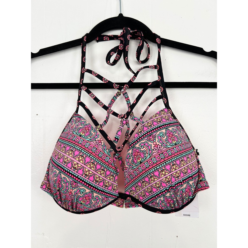 Shade & Shore Pink Paisley Strappy Halter Push-Up Swim Bikini Top Size 34D NWT